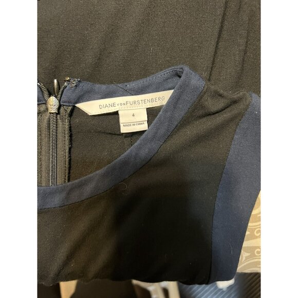 DVF Diane Von Furstenberg Dress 4 Navy Blue Trim on Black Stretch Career - Picture 9 of 13